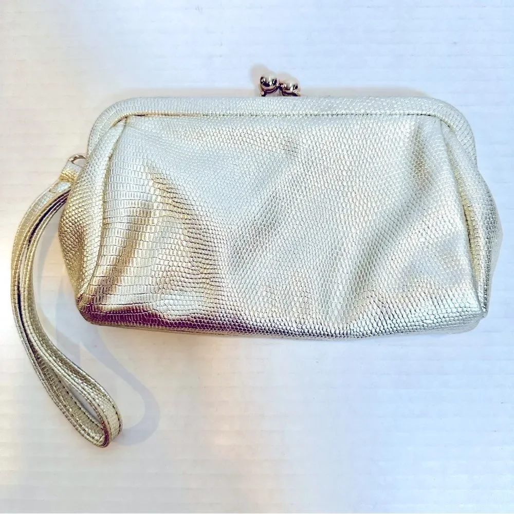 White House Black Market Wristlet Women's 8" Gold Faux Leather Satin Interior - Picture 4 of 4